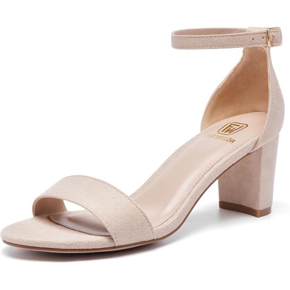 Women's Nude Open Toe Ankle Strap Low Chunky Short Heels Wedding Pumps Shoes
